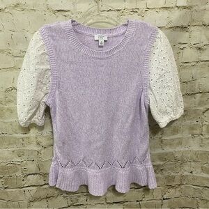 Crown & Ivy Purple White 2fer Eyelet Puff Sleeve Sweater